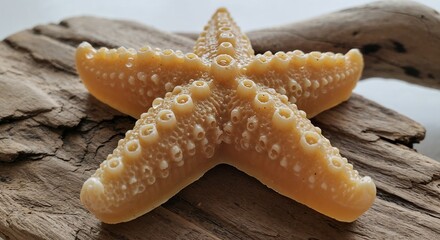 Starfish-shaped soap with rough, barnacle-like texture, sitting atop a driftwood slab