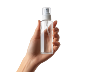 Hand holding a clear plastic spray bottle