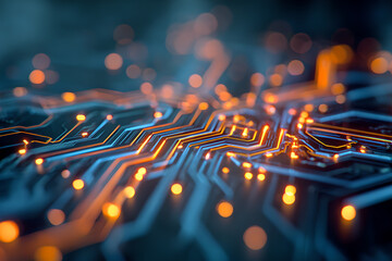 Abstract glowing circuit board with orange and blue lines and bokeh effect in the background