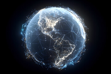 Digital earth globe with network connections and city lights in a dark background view of america