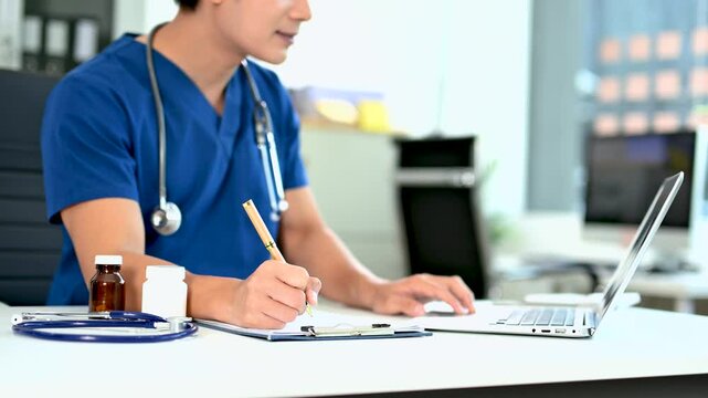 Medicine doctor hand working with digital tablet computer interface as medical network concept