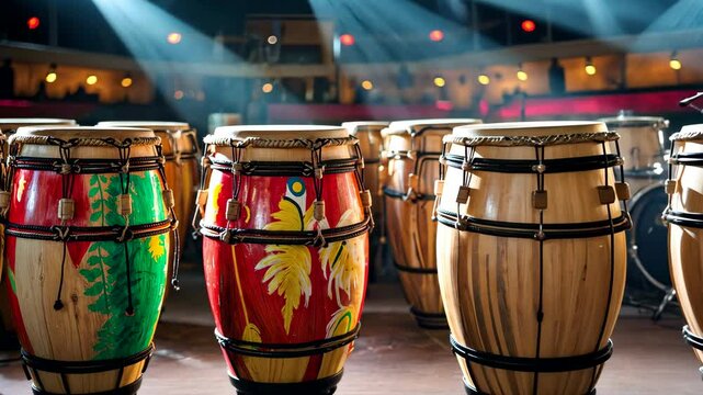 Colorful Conga Drums on Stage Under Concert Lighting Indoor Performance