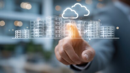 Digital workplace icon concept featuring cloud and desktop icons with abstract elements representing modern work environments