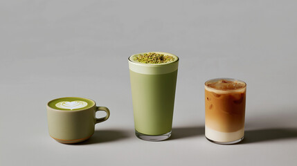 Three stylish coffee beverages matcha latte, flat white, and macchiato neatly arranged on a minimal grey background with clean lighting.
