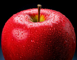 Red apple with water droplets and shine, macro fruit shot 
