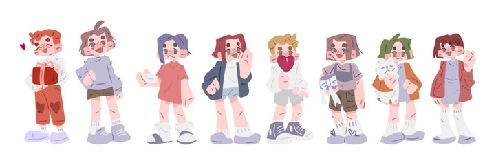 Cartoon Kids Character Illustration Set featuring diverse cartoon children in pastel outfits holding various objects like gifts, hearts, and a cat, drawn in flat style on a white background.