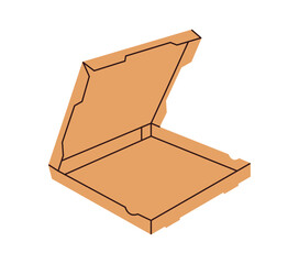 Open cardboard pizza box, empty square paper container for takeaway food delivery, blank pizzeria packaging for Italian fast food meals flat vector illustration.