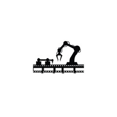 Silhouette of robotic arm over conveyor automated manufacturing on white background