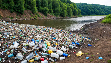 Plastic rubbish. Pile of colorful plastic waste in picturesque river bank, landfill. Recycling  litter, pollution, ecology, environmental responsibility concept. Copy space for text.