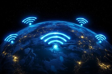 Global Wireless Connectivity Concept with Glowing Wi-Fi Symbols over Earth at Night.