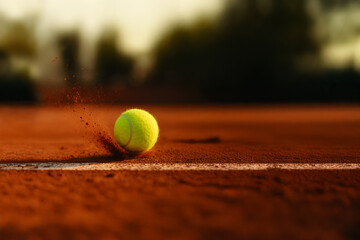 Dynamic close-up of a yellow tennis ball hitting the clay court line, creating a dramatic splash of red clay particles at sunset. 