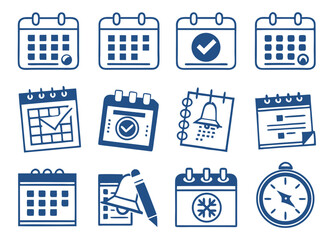 Calendar Icon Set – Blue & White Vector Icons for Date, Schedule, Events & Productivity Tools