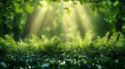 Sunlight filters through lush forest foliage, illuminating vibrant greenery and dew drops