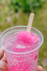 
桃太郎サワー。
新潟県名物の桃太郎アイス（いちご味のアイスバー）が丸ごと一本、焼酎サワーに入っている。
神奈川県横浜市三ツ池公園-2025