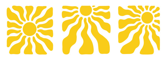 Retro Groovy sun background set. Abstract Wave Ray Patterns in Trendy 70s Style. Groovy psychedelic sunburst design Funky graphic hippie illustration vector
