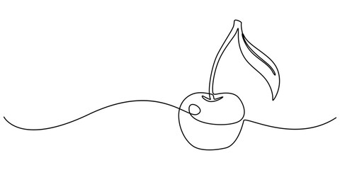 Continuous one line drawing cherry. Vector illustration. Black line art on white background, Cherry minimalistic design. Hand drawn sketch, Red cherry fruit illustration with continuous line art pro.