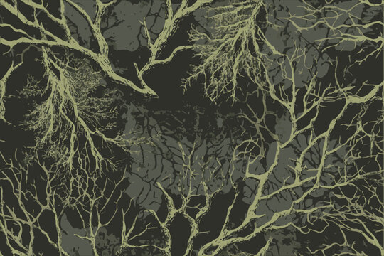 A realistic camouflage pattern with tree branches and leaves in the background, seamless repeating pattern.A camouflage pattern with olive green and dark gray tones, featuring intricate tree branches.