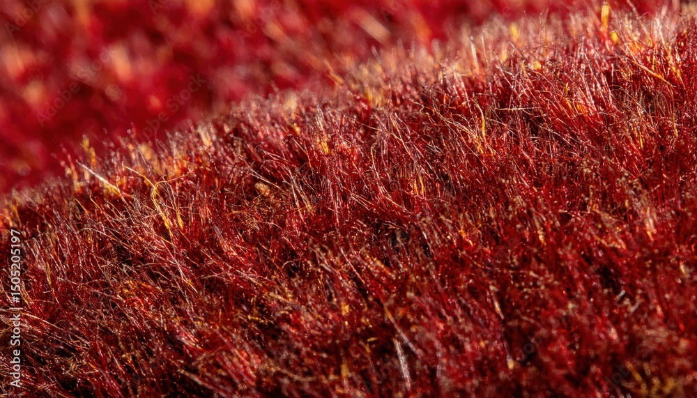 Poster macro texture of deep red velvet like fibers with golden highlights for luxury print design, abstract web background, or textile branding visual

