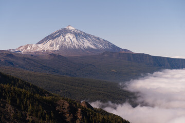 Wild Valley in El Teide National Park, Canary Islands, Tenerife, Spain. Snowcapped Teide volcano.