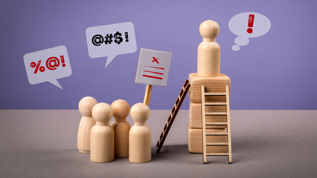 Leadership Crisis and Public Protest Concept with Wooden Figures, Speech Bubbles, and Ladder on Purple Background