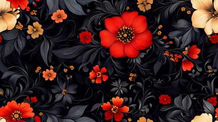 Red and gold floral design in traditional Khokhloma style, great for ethnic print materials, souvenir packaging, and heritage branding.