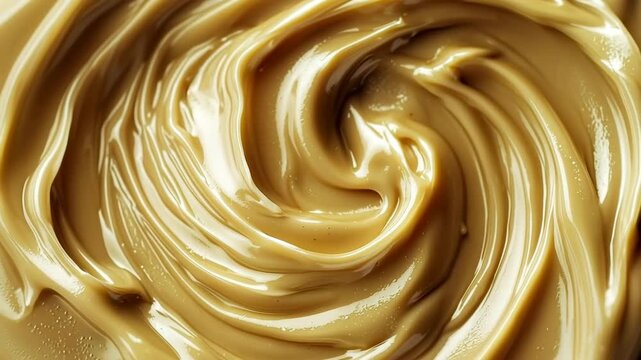 Smooth peanut cream texture swirl close up, top view background, macro