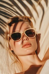 Close-up of beautiful young woman sunbathes on the beach. Minimal aesthetic lifestyle fashion blog, magazine, social media. Sunbathe, relax, chill on summer travel vacations. Palm leaves shadow play