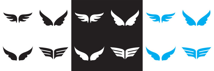 Wing icon .Bird, angel, bat, eagle, and minimalist wing icons for branding, tattoos, logo, emblems, or fantasy design .  Vector illustration. isolated on white and black background. EPS 10
