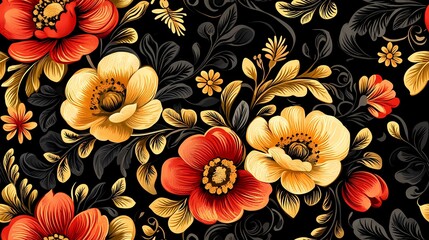 Ornamental Russian folk pattern in Khokhloma art style, suitable for wallpaper, fabric textures, and cultural visual storytelling.