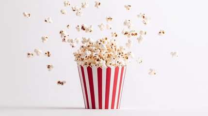 Popcorn flying with red white striped paper box, isolated on white background
