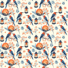 Seamless Exotic Bird Pattern with Sunset and Clouds,  Elegant Bird Illustration Exotic Digital Print for Fabric, Decor & DIY Craft