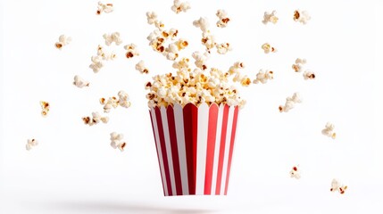 Popcorn flying with red white striped paper box, isolated on white background