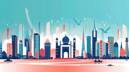 Republic Day City Background: Grand Buildings Mirror the National Flag, Painting a Timely Scroll of the Blending of Neon Brilliance and Patriotic Passion