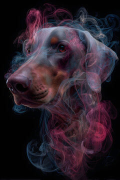 dobberman dog emerges gracefully from vibrant colorful swirling smoke in dynamic artistic composition
