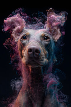 dobberman dog emerges gracefully from vibrant colorful swirling smoke in dynamic artistic composition
