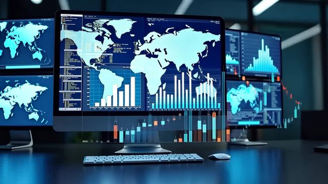 Multiple screens displaying various images symbolizing data monitoring and analysis, front view, bright lighting, tech color palet.