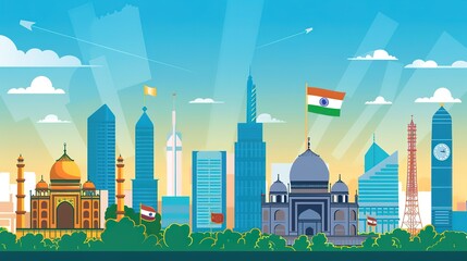 Republic Day City Background: Grand Buildings Mirror the National Flag, Painting a Timely Scroll of the Blending of Neon Brilliance and Patriotic Passion