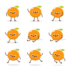 Cute Smiling Orange Character. Kawaii Orange Fruit Mascot Style Vector. Cute vector character set in various action emotions. Collection symbols isolated on a white background
