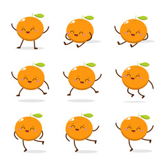 Cute Smiling Orange Character. Kawaii Orange Fruit Mascot Style Vector. Cute vector character set in various action emotions. Collection symbols isolated on a white background