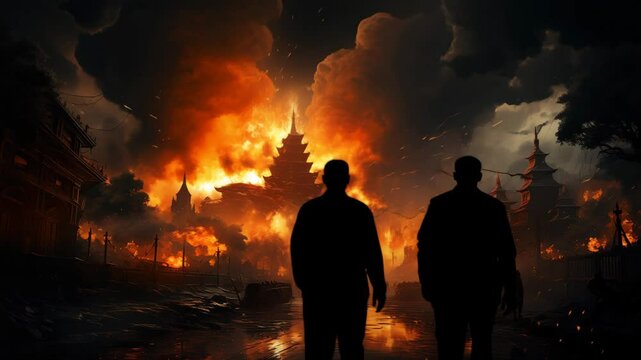 War zone,  fire in the city