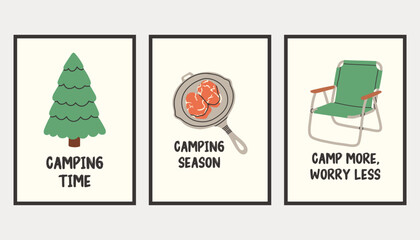 Vertical simple camping poster set. Summer outdoor activity brochure with hiking and camping logo, nature recreation concept. Flyer banner for forest adventure, summer travel camp illustration.
