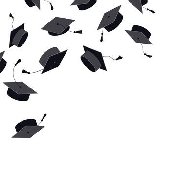 Festive corner frame with graduate hats in the air. Flying graduation caps background for graduation announcements, invitations, celebration designs. Vector illustration.