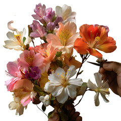 A temporal florist arranging bouquets of moment-blooms, scent of nostalgia, isolated on a white...