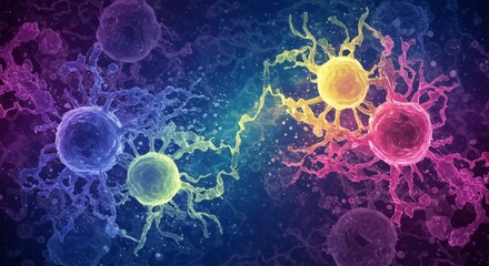 Obraz premium Abstract microscopic view of neural cells and network illustrating neuroscience and nervous system function. Biology and medical research concept for science banner.