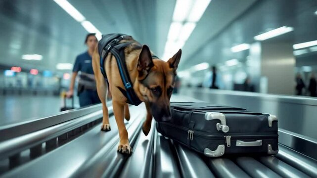 Sniffer Dog Inspecting Luggage in Airport Terminal Aisle &ndash; Close-Up &ndash; Daytime