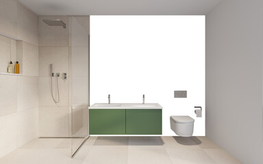 Free PNG wallpaper mockup in Interior BathRoom, Modern Bathroom Design with Green Vanity and Glass Shower, 3D rendering	
