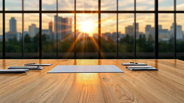 Office Desk at Sunset:  Modern Workspace with City View