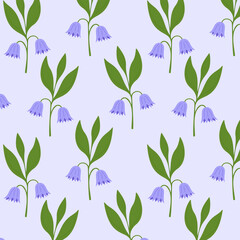 Lilac floral pattern with lilac bells. Bell flowers with leaves on light soft purple background.