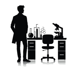 Science Lab Silhouette Scientist and Equipment in Black and White Illustration
