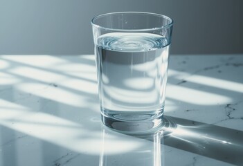 Minimalist glass of water on a mirrored surface with beautiful light refraction